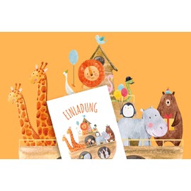 Friendly Fox Invitation Cards Noah's Ark Folding Invitation Card, 12 x DIN A6 Invitation for Christening or Birthday, Set of Invitation Cards with Envelope