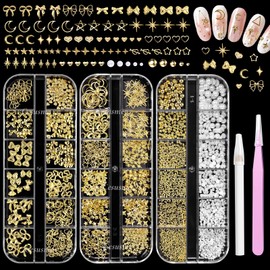 3 Boxes Gold Nail Charms, Heart Bow Nail Art Charms, Metal Cross Star Moon Nails Studs, Half Round Flatback Nail Pearls Charms, Caviar Nails Beads Charms for Nails Design DIY Craft