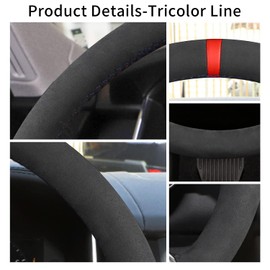 Yeolpise Suede Steering Wheel Cover, Universal 15 Inch Steering Wheel Cover Stitch on Wrap with Red Regression Sign,Soft Comfortable Genuine Leather Steering Wheel Sewing Kit-Black