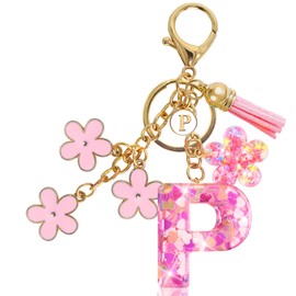 Jusen Resin Alphabet Initial Letter Keychain Tassel Flower Pendant Key Ring for Purse Handbag Car Keys, P-pink, universal