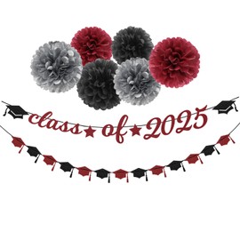 Burgundy-Red Black-Silver Party-Decorations Graduation Banner - 8pcs Kits Class of 2025 Garland Streamers, Paper Tissue Pom Poms Flowers,Congratulations Grad Cap Decor Lasting Surprise