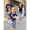 PATPAT Family Matching Dark Blue Plant Print Belted Spliced Dresses
