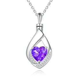 925 Sterling Silver Cremation Jewelry CZ Heart Teardrop Urn Necklace for Ashes Keepsake Urns Pendant Memorial Jewelry Gifts (Amethyst)
