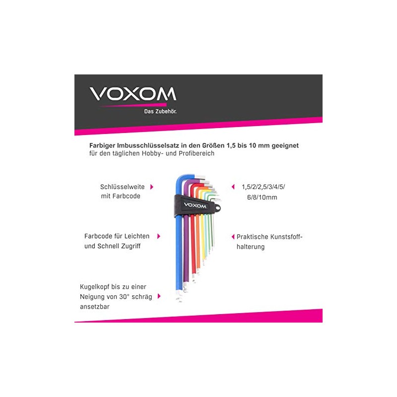 Voxom WKL17 Hex Key Set 1.5/2/2.5/3/4/5/6/8/10 mm Tool, 1.5,2,2.5,3,4,5,6,8,10 mm