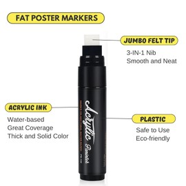 Bromobiz 3pcs Black Jumbo Poster Markers, 15mm Wide Thick Felt Tip, Large Acrylic Paint Markers for Painting on Wood, Rocks, Wall, Plastic and Metal, Perfect for Artists, Craft and DIY Projects