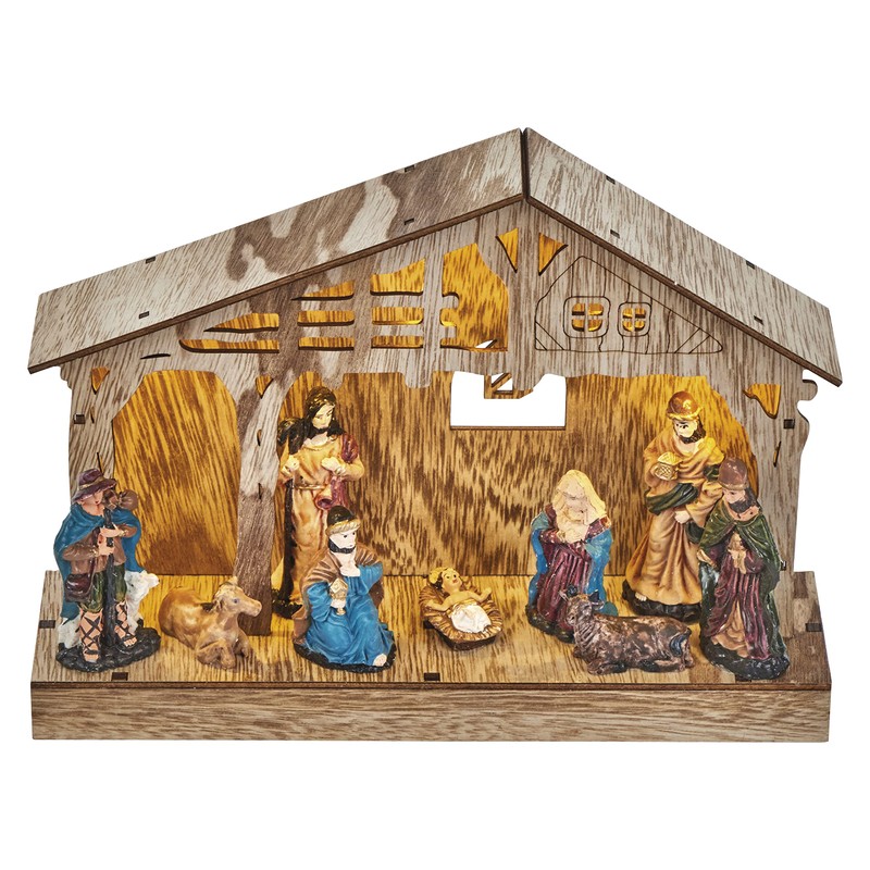 EMOS Weihnachtskrippe mit handbemalten Figuren, Weihnachtsdekoration mit 5 LEDs, warmweißes