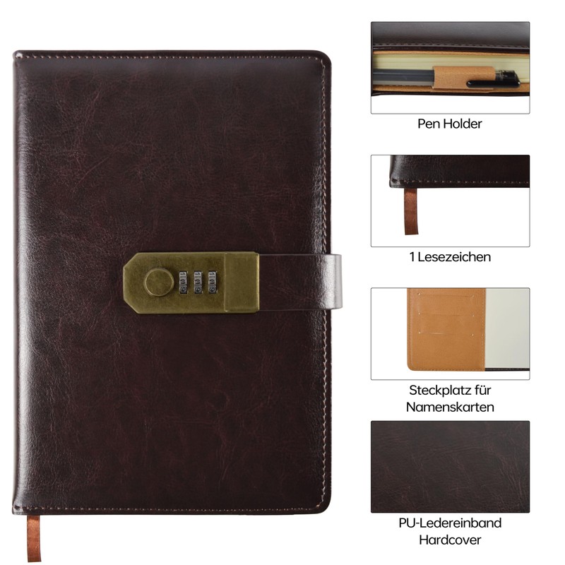 Qefuna Diary with Lock, A5 PU Leather Diary with Code