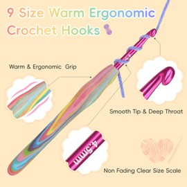 Reessy Rainbow Crochet Hooks Set, 9 Pcs Warm Crochet Hook with Comfortable Grip for Arthritic Hands, 2.0mm-6.0mm Ergonomic Crochet Hooks Sets for Beginners and Experienced Crochet Lover