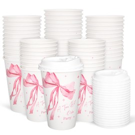 JarThenaAMCS 50 Pcs Pink Bow Coffee Paper Cups A Tini Bit Older Coquette Bowknot 16oz Disposable Cups with Lids for Hot Cold Drinks Birthday Bachelorette Party Supplies