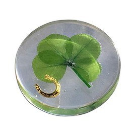 Real Four Leaf Clover Good Luck Pocket Token, Preserved, 1.25”, Including Metal Horseshoe Object (Gold)