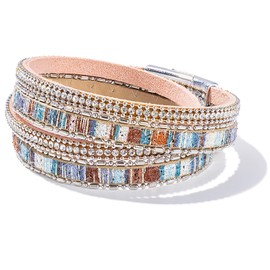 FANCY SHINY Boho Leather Wrap Bracelet Stackable Crystal Rhinestone Bangle Cuff with Magnetic Clasp Trendy Bohemian Jewelry for Women(Bronze)