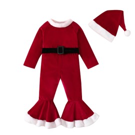 METYOUEZE Toddler Girls Christmas Outfits Long Sleeve Bodysuit Bell Bottom Velvet Pants Xmas Santa Claus Costume Set (3-4T, Red)