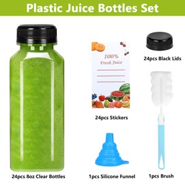 24 Pack 8oz Clear Plastic Juice Bottles with Caps, Empty Reusable Juice Bottles Bulk Square Beverage Containers for Juice Milk Water Smoothie Cold Drinks (Includes Labels, Brush & Funnel) (24)