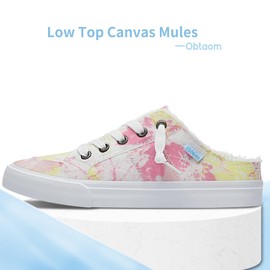 Obtaom Women Canvas Mules Memory Foam Clipper Fashion Sneakers Comfortable Slip-On Mule Backless Holiday Shoes(Multi White Pink,US8)