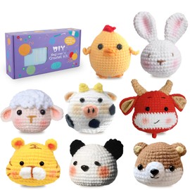 Crochet Kit for Beginners, 8Pcs Crochet Animal Kit, Cute Beginner Crochet Kit with Step-by-Step Video & Instructions, Complete Crochet Starter Kit for Adults, DIY Easy Knitting Set Birthday Gift
