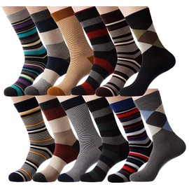 YEJIMONG Men’s 12 Pairs Cotton Colorful Stripe Argyle Designed Business Dress Socks Size 8-12 (Assorted-1)
