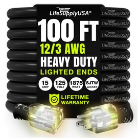 100ft Outdoor/Indoor Extension Cord 12/3 Gauge Extra Heavy Duty 3 Prong SJTW, Waterproof, Flexible Cold-Resistant Long Power Cord,15A 125V 1875W, Black by LifeSupplyUSA