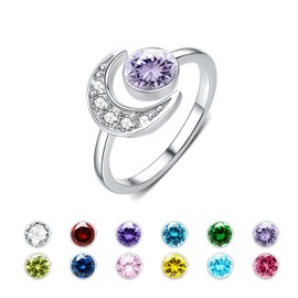 Ring Moon 925 Sterling Silver Moonstone / Opal / Turquoise / 100 Languages I Love You Ring Adjustable Open Ring Gift for Women / Girls, Sterling Silver, Cubic Zirconia