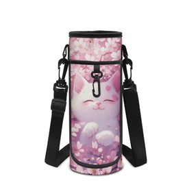 POLERO Cute Cat Water Bottle Holder for Girls Cherry Blossom Water Bottle Carrier with Shoulder Strap for Sports Gym School