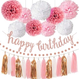 SKTMH Pink Rose Gold Birthday Party Decorations Set with Happy Birthday Banner Circle Dots Garland Tassel Garland Tissue Paper Pompoms for Women Girls Birthday Party Decorations