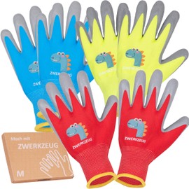 ZWERKZEUG 3 Pairs Kids Work Gloves with Natural Latex Layer and Stretchy Fabric, Kids Protective Gloves with Palm Coating, Rubber Coated Work Gloves, Multi-Colour