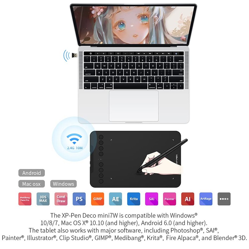 XP-PEN Deco Mini 7W Grafiktablett, 7,03''x4,38'' Pad, 2.4G Wireless Stift