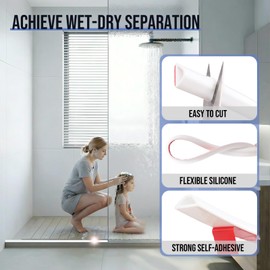 Jobon Shower Threshold Water Dam Guard- (67 Inch) Collapsible Silicone Barrier for Walk-in Showers - Self-Adhesive Bathroom Floor Water Stopper for Wet/Dry Separation - White