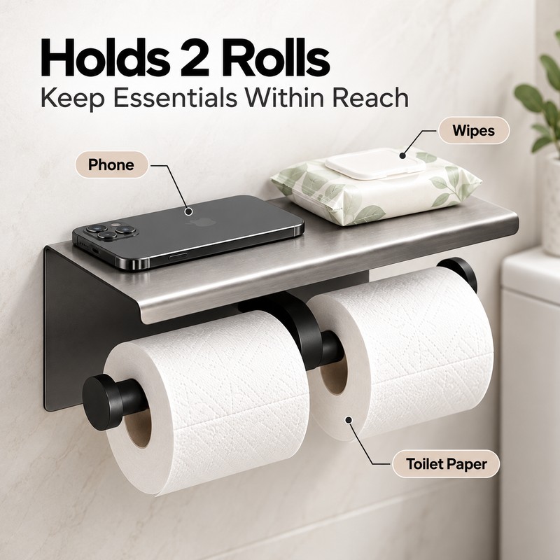 Double Roll Toilet Paper Holder with Shelf – Wall-Mounted Stainless