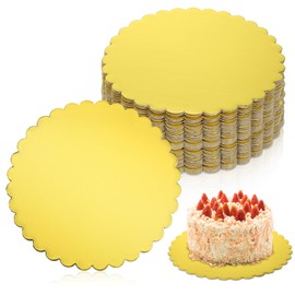 Giantree 50 Pack 10 Inch Gold Cake Boards Round Disposable Cake Base Board Circle Cakes Cardboard Rounds Scallop Edge Grease Proof Coated Plate for Wedding Christmas Birthday Decorating