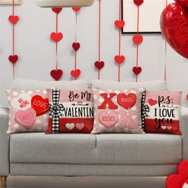 KISVODS Valentine's Day Pillow Covers 18x18 Heart Candy Striped Valentines Day Decorations Be My Valentine Throw Pillow Covers I Love You Wedding Cushion Case for Sofa Couch Set of 4