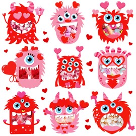 FYSUIMU 45 Pcs Valentine's Day Monster Candy Holder Craft Set Self-Adhesive Goodie Bags with Pink Red Paper Cards Cute Cartoon Bags for DIY Party Treat Exchange Favors, Non-Candy
