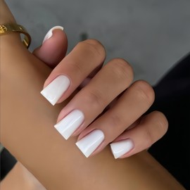 KQueenest Duck Press on Nails Medium - Summer Press on Nails White, Glossy Opaque Fake Nails with Glue, Fit Perfectly, Reusable Soft Gel Glue on Nails for Women, 24 Pcs