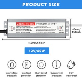 LED Transformer 12 V 60 W 5 A, LED Power Supply Driver Waterproof IP67, LED Transformer, LED Driver AC200-240 V, Outdoor Transformer Constant Voltage for LED Lighting