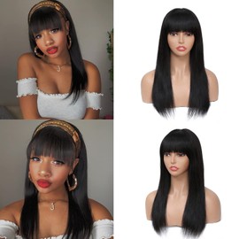 X-Tress 40 cm Real Hair Wig with Fringe Natural Colour Wig for Women without Lace 150% Density Straight Wig Shoulder Length Wig with Fringes (40 cm)
