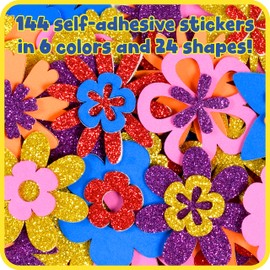 READY 2 LEARN Glitter and Foam Stickers - Stacking Flowers - Pack of 144-6 Colors - 24 Shapes - Kids Self-Adhesive Stickers - Cards, Laptops, Crafts