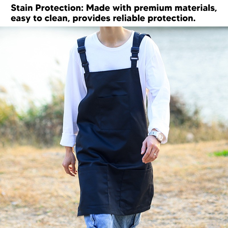 Kitchen Apron Black Apron Polyester Pockets Adjustable Strap Unisex Apron