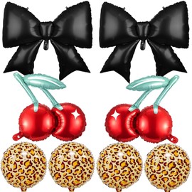 8PCS Black Bow and Cheetah Cherry Foil Balloons Decorations