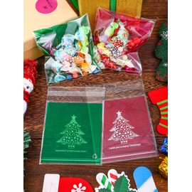 200 Pieces Christmas Treat Bags Clear Self-adhesive Candy Bags Cellophane Plastic Cookie Bags for Party Favors Christmas Decoration (Christmas Tree Style)