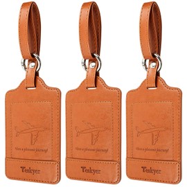 Teskyer Luggage Tags for Suitcases Business Trip Tags Number Plates Bag Name Tags Leather Travel Hand Luggage Labels Anti-Loss Three-Pack (Brown)
