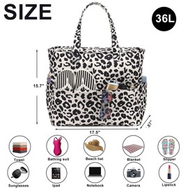 Ayicheyl Strandtasche Groß mit Reißverschluss, Badetasche Wasserdicht Schulter für Frauen, Beach Bag Zusammenklappbar Entwickelt für Den Einsatz Im Schwimmbad, Im Fitnessstudio,36L (Leopard)