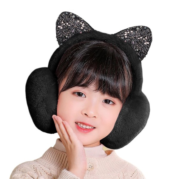 Faxianther Girls Earmuffs Coldproof Cute Sequin Cat Ears Fluffy Plush