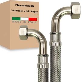 Flexible Hose Nut Bend x Nut Bend Stainless Steel Reinforced Hose Connection Hose Sanitary Tap Hose Domestic Waterworks Made in Italy (3/8 Inch x 1/2 Inch - 300 mm - Z Shape)