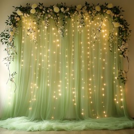 HOLITS Tulle Curtain Backdrop with 300 LED Fairy Lights for Parites Wrinkle-Free Sheer Curtain Drapes Photo Back Drop for Wedding Baby Shower Bridal Shower Birthday Home Décor - 10ft×10ft, Sage Green