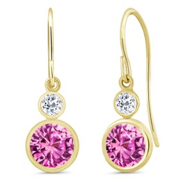 Gem Stone King 14K Yellow Gold Pink Created Sapphire and White Topaz Drop Dangle Earrings For Women (2.28 Cttw, Gemstone September Birthstone, Round 6MM and 3MM)