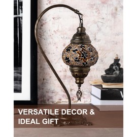 Kafthan Turkish Moroccan Mosaic Lamp – Handmade Glass Swan Neck Bedside Lamp with Antique Brass Base, Ideal Decor for Bedroom, Office, Living Room – Bulb Included (Ecru Snow Flakes)