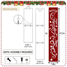 Merry Christmas Red with Star porch sign Welcome for Front Door Porch Deck Patio or Wall -Indoor and Outdoor Decorative Farmhouse Rustic Vertical Porch and Yard Decor - 7.8"x47.5"