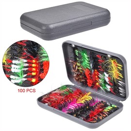 ANCLLO 100 Pieces Fly Fishing Flies Set Fly Fishing Dry Fly Wet Fly Assortment Set with Waterproof Fly Box for Trout Fishing