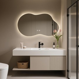 WallBeyond 36"x20" Irregular LED Vanity Mirror with Backlight, Asymmetrical Bathroom Mirror with Lights for Makeup or Modern Sink Area, Anti-Fog & Dimmable, Horizontal/Vertical Mount