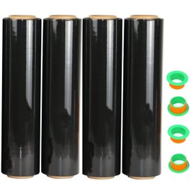 4 Pack Black Stretch Wrap 18" x 1000 Feet 80 Gauge Industrial Strength with Plastic Handle, Plastic Pallet Supplies Durable Self-Adhering for Packing, Moving, Heavy Duty Shrink Film Rolls