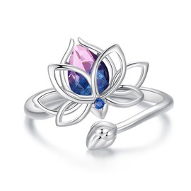 VOROCO Sterling Silver Adjustable Open Ring Trendy Elegant Unique Open Ring Cat paw print Sunflower Koi Fish Ring for Women Jewelry Gift (Purple Lotus)